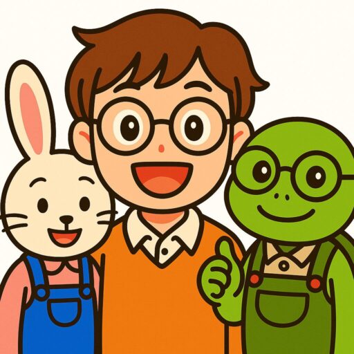 オレンジ色のセーターを着た笑顔の男性。隣には青いオーバーオールを着たウサギと、緑のオーバーオールを着たメガネのカメがいる。