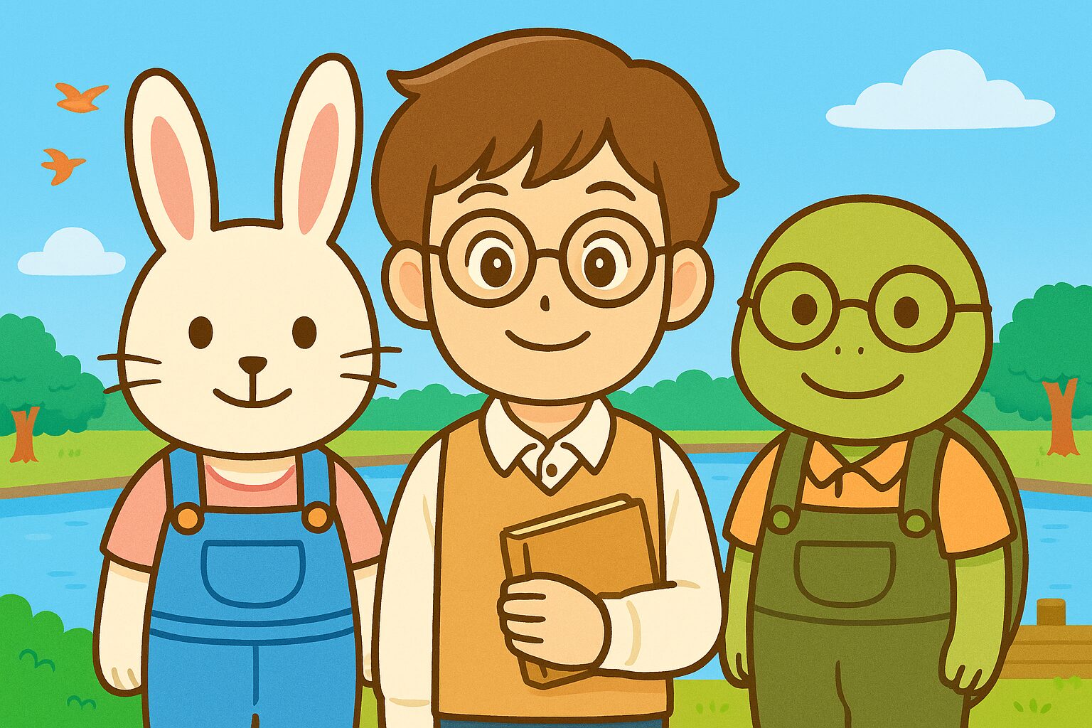 笑顔の男性、ウサギ、カメのキャラクターが並んでいるイラスト