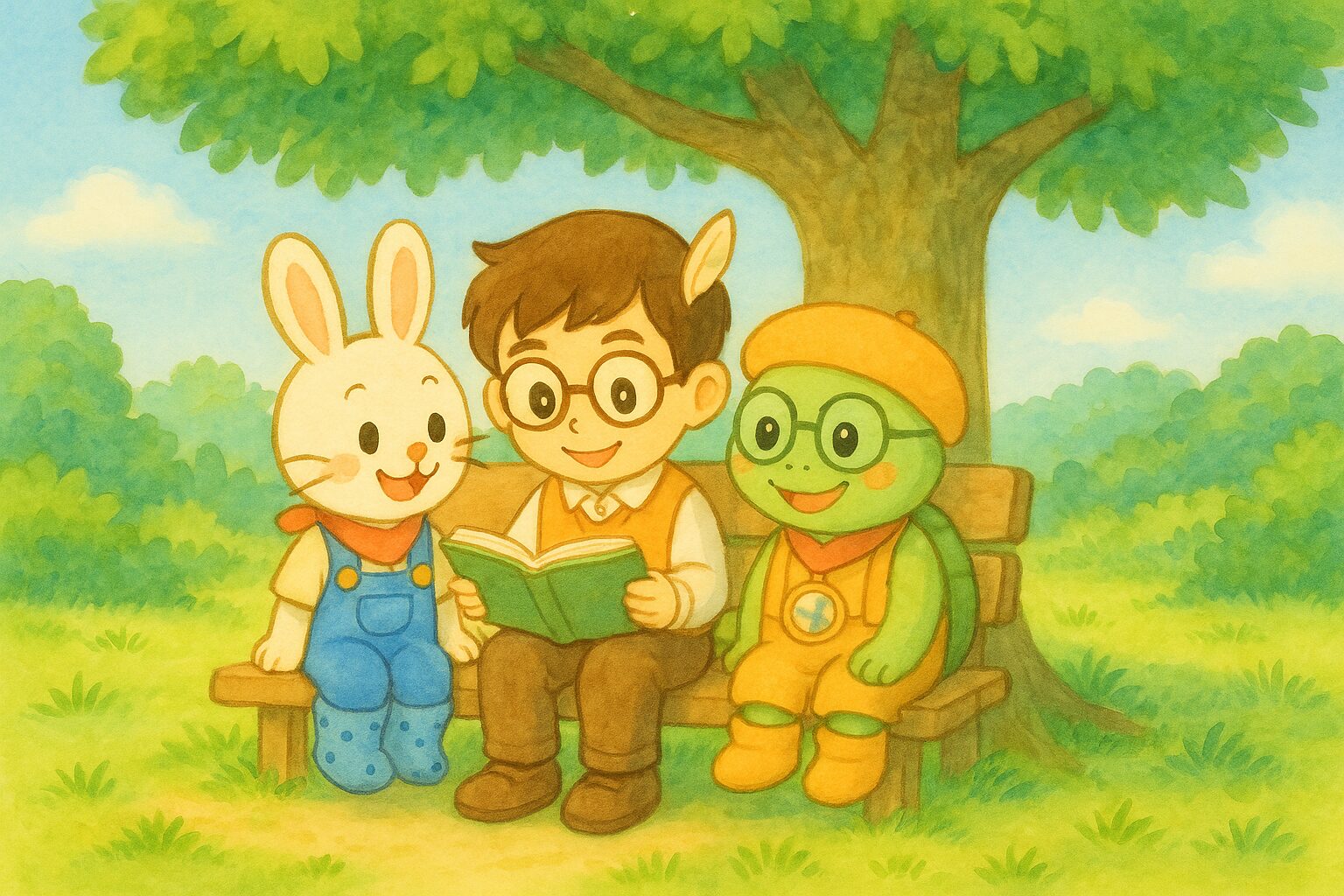 たけはる、ぴょこすけ、のんきちが木陰のベンチで本を読んでいるイラスト